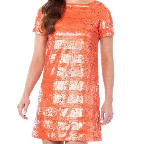 Armani Exchange Women’s 4 Sequin Orange Dress Lined Tee Shirt Shaped Shift - Picture 1 of 7